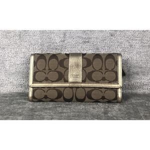 Coach Hampton Signature Checkbook Wallet Brown With Gold Metallic Trim